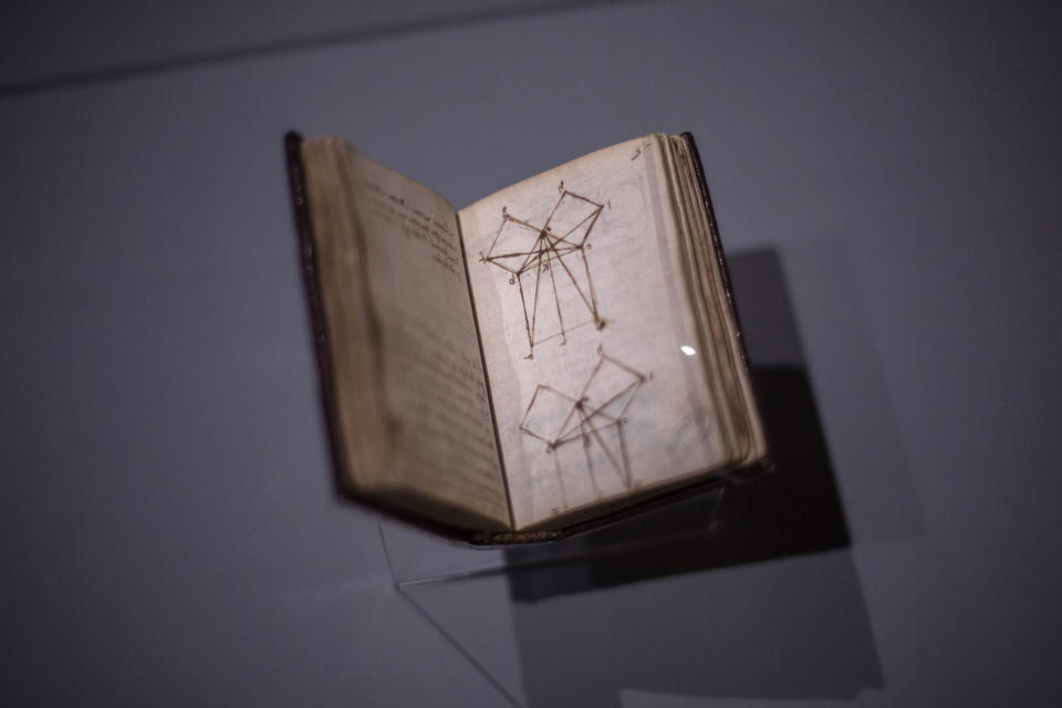 "The Euclidean demonstration of the Pythagorean theorem" by Leonardo da Vinci displayed at the Louvre museum Sunday, Oct. 20, 2019 in Paris. A unique group of artworks is displayed at the Louvre museum in addition to its collection of paintings and drawings by the Italian master. The exhibition opens to the public on Oct.24, 2019. (AP Photo/Rafael Yaghobzadeh)