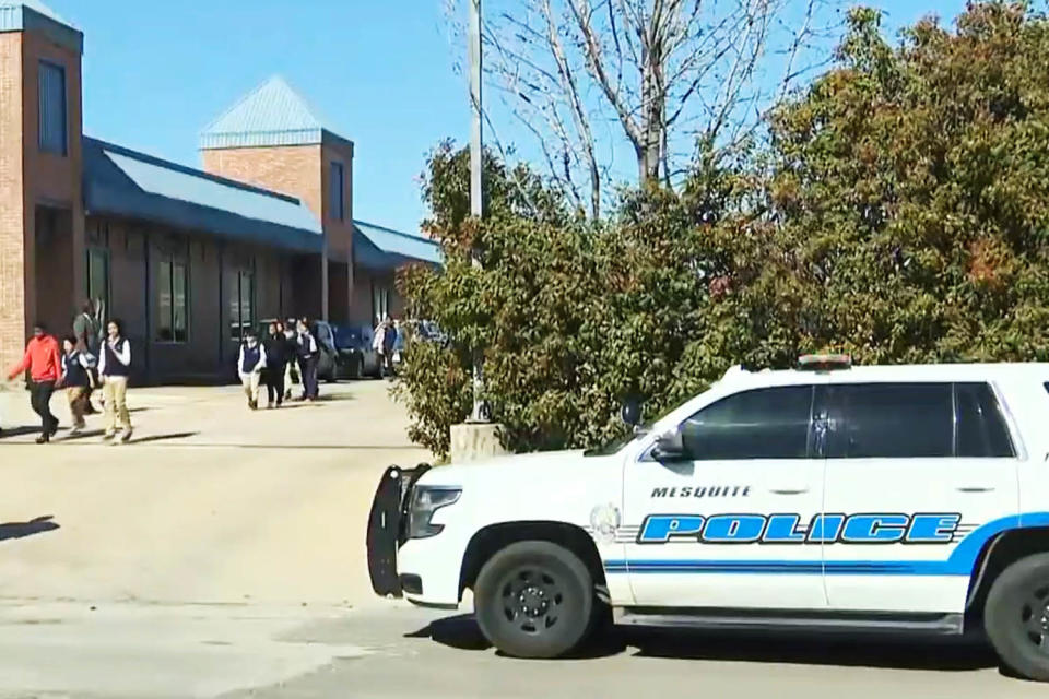 Students walk out of  Pioneer Technology & Arts Academy in Mesquite, Texas on Monday. (NBC DFW)