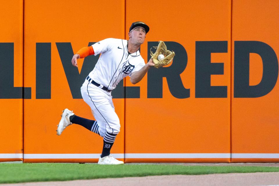 Tigers right fielder Kerry Carpenter catches a fly ball in the fourth inning of the Tigers' 9-3 loss to the Twins on Monday, Aug. 7, 2023, at Comerica Park.