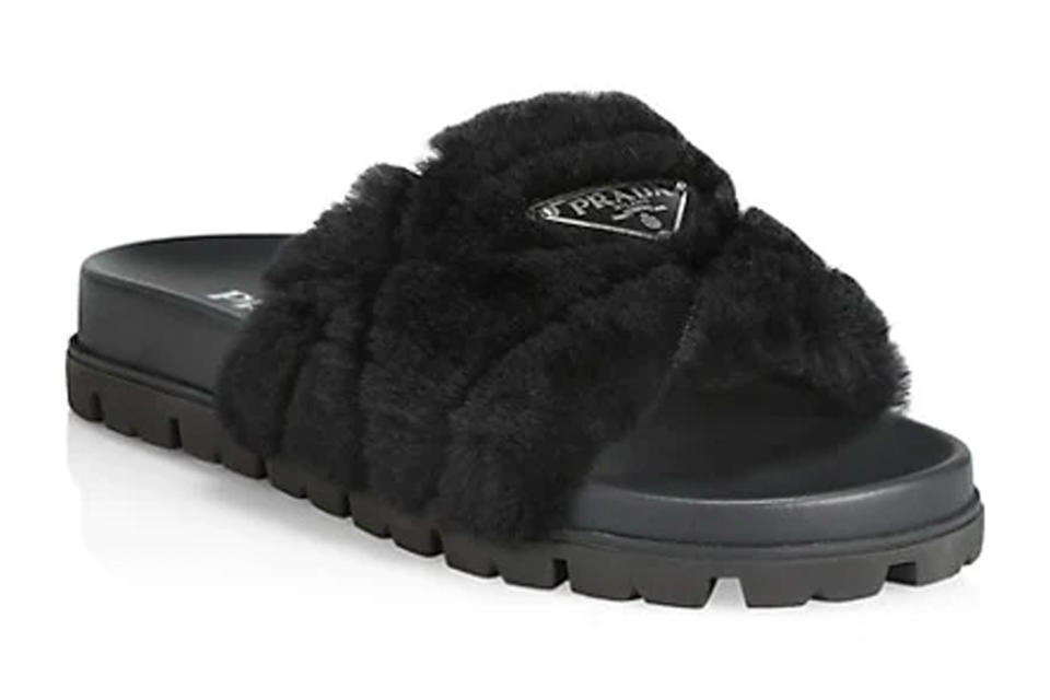 Prada shearling fur slides. - Credit: Courtesy of Saks