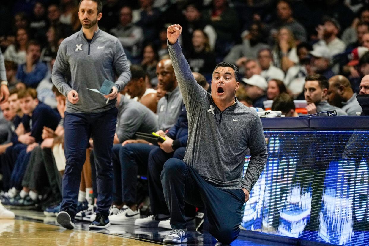 Xavier head coach Sean Miller instructs his team as they take on Providence Wednesday, February 21, 2024 at the Cintas Center.