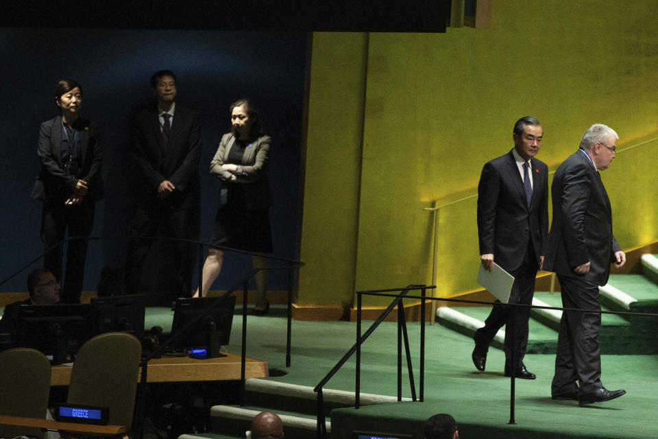 Chinese Foreign Minister Wang Yi addresses the 74th session of the United Nations General Assembly, Friday, Sept. 27, 2019, at the United Nations headquarters.(AP Photo/Kevin Hagen).