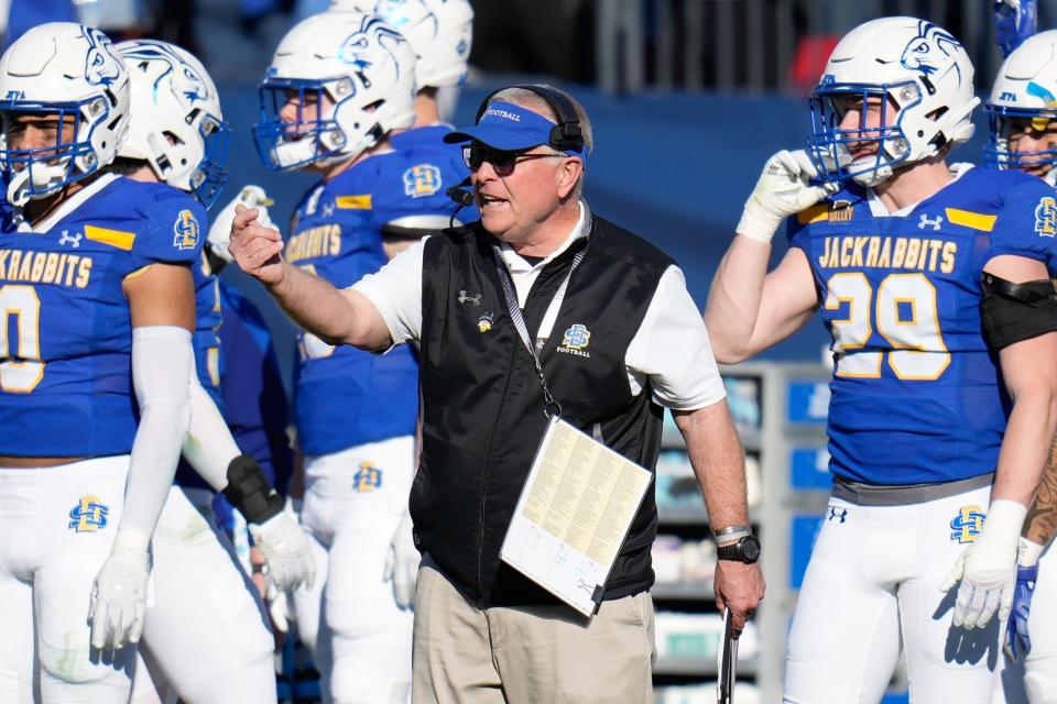 South Dakota State head coach John Stiegelmeier reacts during the 2023 FCS championship game.