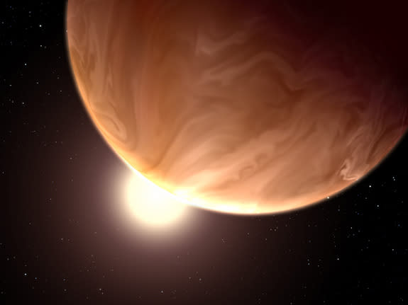 An artist's illustration of the alien planet GJ 1214b, a 'super-Earth' more than six times the mass of Earth that appears to be covered with high clouds, according to Hubble Space Telescope data. Image released Dec. 31, 2013.