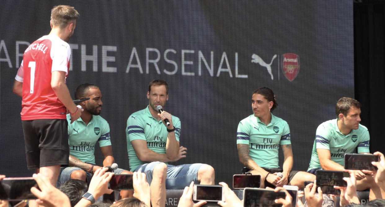 (From left to right) Arsenal players Alexandre Lacazette, Petr Cech, Hector Bellerin and Sokratis Papastathopoulos at the Esplanade, Singapore, on 27 July 2018 (PHOTO: Yahoo News Singapore)