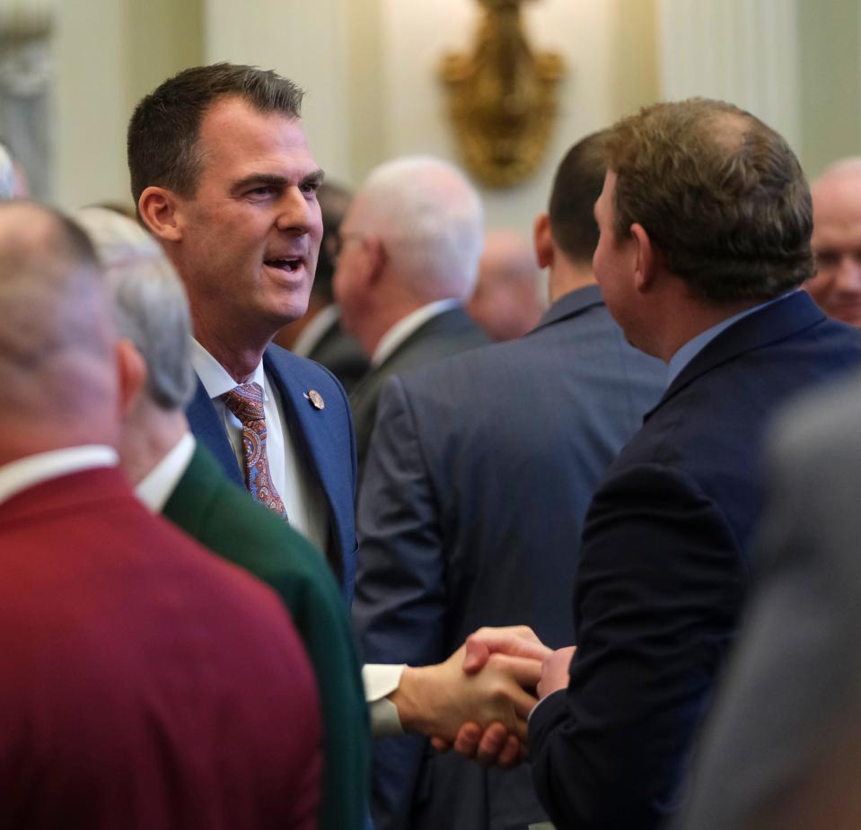 Oklahoma Gov. Kevin Stitt gives the State of the State address to a joint session of the legislature, Monday, February 7, 2022. 