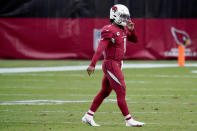 Arizona Cardinals quarterback Kyler Murray (1) walks off the field after throwing an interception during the second half of an NFL football game against the Detroit Lions, Sunday, Sept. 27, 2020, in Glendale, Ariz. (AP Photo/Ross D. Franklin)