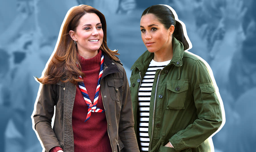 Kate Middleton and Meghan Markle twinning in spring’s most versatile jacket (Photo: Getty Images), Art: Yahoo Lifestyle photo-illustration)