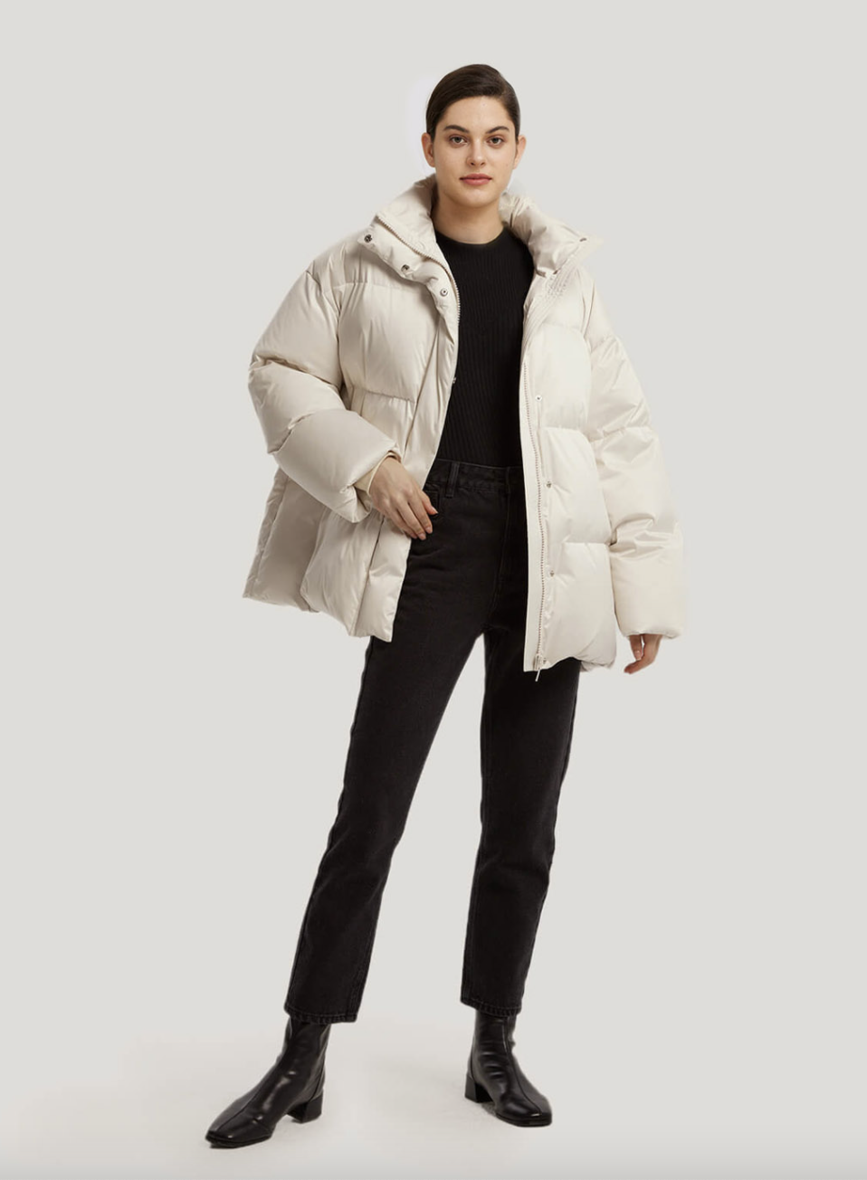 Nap Matte Quilted Puffer Jacket in white with black pants and black leather boots