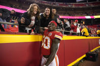 Kansas City Chiefs linebacker Willie Gay celebrates with fans following a 19-9 victory over the Dallas Cowboys in an NFL football game Sunday, Nov. 21, 2021, in Kansas City, Mo. (AP Photo/Ed Zurga)