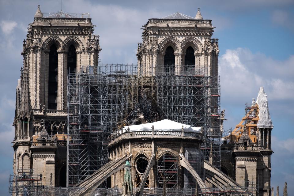 A picture shows Notre Dame de Paris Cathedral, on May 12, 2019, as construction work is ongoing to secure the site that was badly damaged by a huge fire last April. (Photo by JOEL SAGET / AFP)        (Photo credit should read JOEL SAGET/AFP/Getty Images)