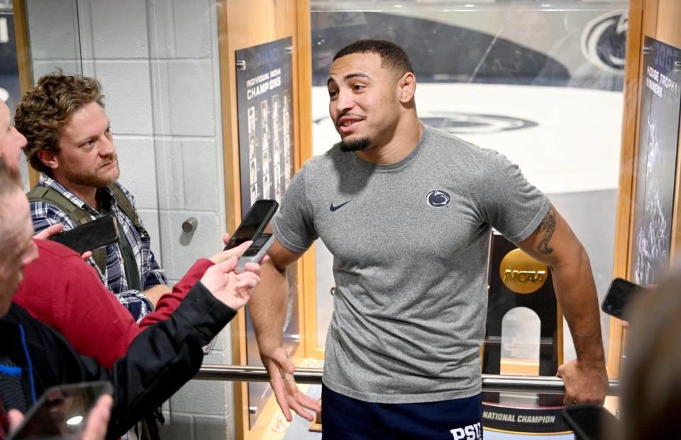 Penn State wrestler Aaron Brooks questions during the first availability of the season on Wednesday, Nov. 8, 2023.