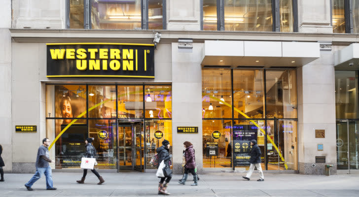 An image of people walking in front of a Western Union storefront