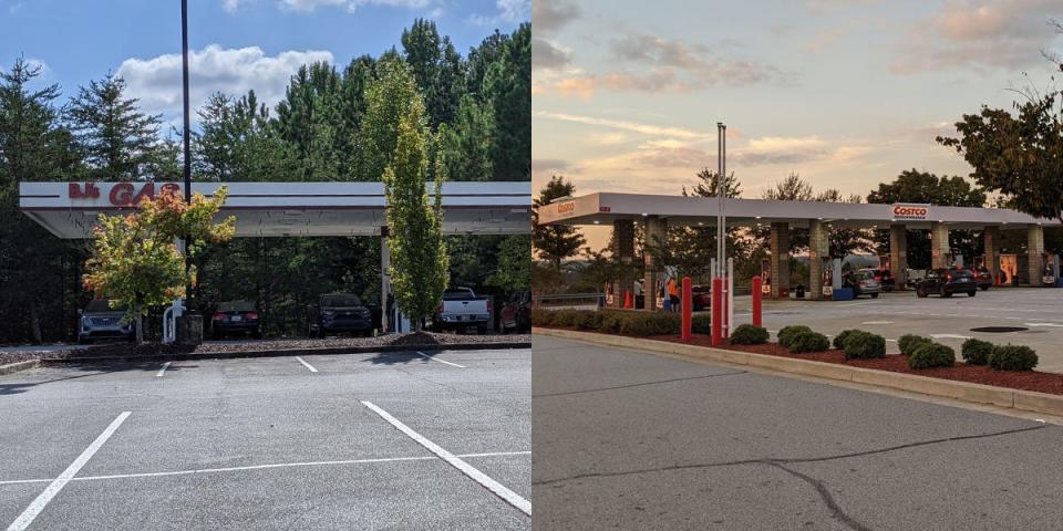 BJ's parking lot and gas station with trees and blue sky and Costco gas station and parking lot with sunset