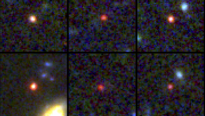  An image of the six massive galaxies, whose ages range between 500 to 800 million years after the Big Bang. The galaxy on the bottom left contains as many stars as the present-day Milky Way, but is 30 times more compact. 