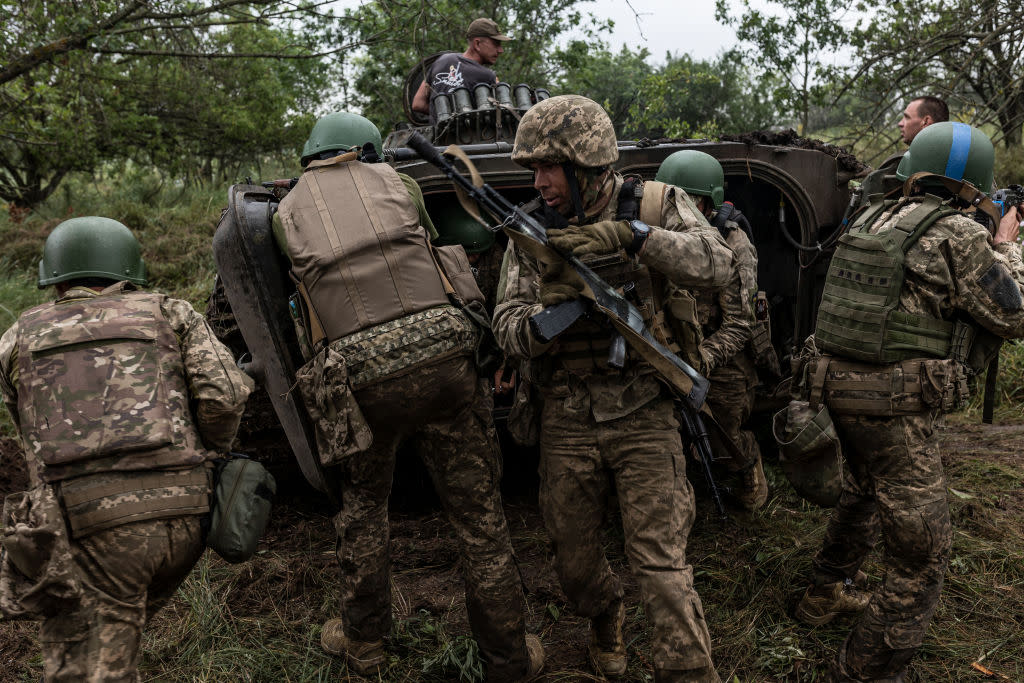 Ukrainian soldiers of the 57th brigade attend the tactical training as Russian-Ukrainian war continues in Donetsk. (