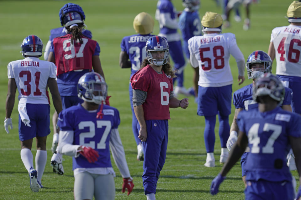 New York Giants punter Jamie Gillan, number 6, attends a practice session at Hanbury Manor in Ware, England, Friday, Oct. 7, 2022 ahead the NFL game against Green Bay Packers at the Tottenham Hotspur stadium on Sunday. (AP Photo/Kin Cheung)