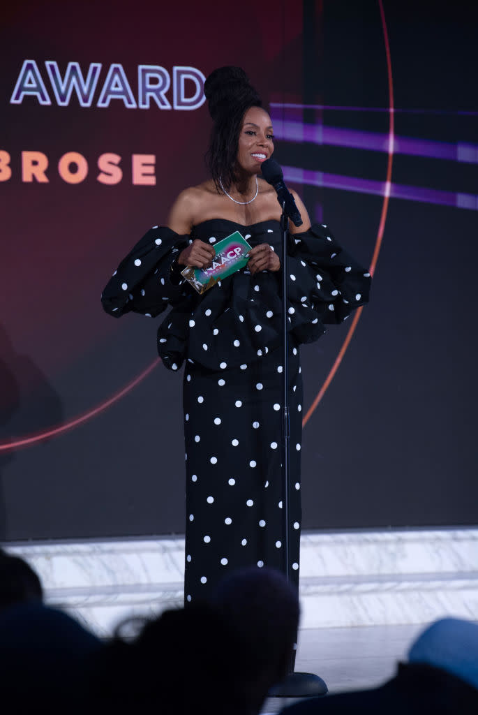 LOS ANGELES, CALIFORNIA - MARCH 15: June Ambrose accepts the Vanguard Award during the NAACP Fashion Show at Vibiana on March 15, 2024 in Los Angeles, California. (Photo by Mark Gunter/Getty Images for NAACP)