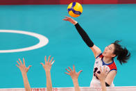 <p>AUGUST 08: Jeongah Park #13 of Team South Korea strikes against Team Serbia during the Women's Bronze Medal Match on day sixteen of the Tokyo 2020 Olympic Games at Ariake Arena on August 08, 2021 in Tokyo, Japan. (Photo by Phil Walter/Getty Images)</p> 