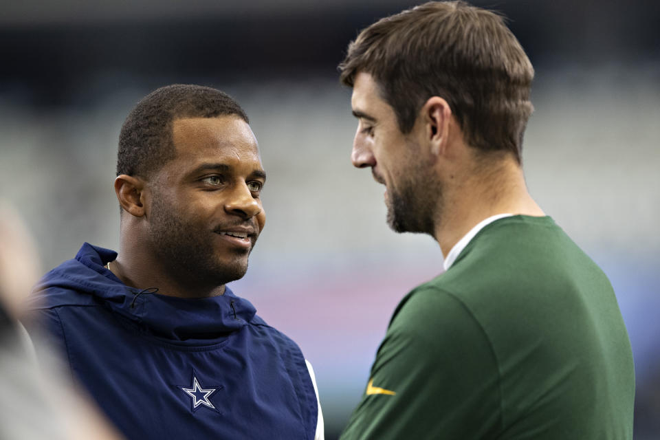 ARLINGTON, TX - OCTOBER 6:  Randall Cobb #18 of the Dallas Cowboys talks before the game with Aaron Rodgers #12 of the Green Bay Packers at AT&T Stadium on October 6, 2019 in Arlington, Texas.  The Packers defeated the Cowboys 34-24.  (Photo by Wesley Hitt/Getty Images)