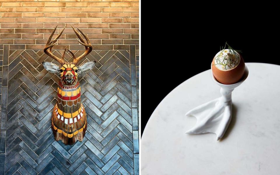 From left: Lobby décor at the Hewing Hotel, in Minneapolis's North Loop; sturgeon custard in an eggshell at Grand Café, in South Minneapolis.