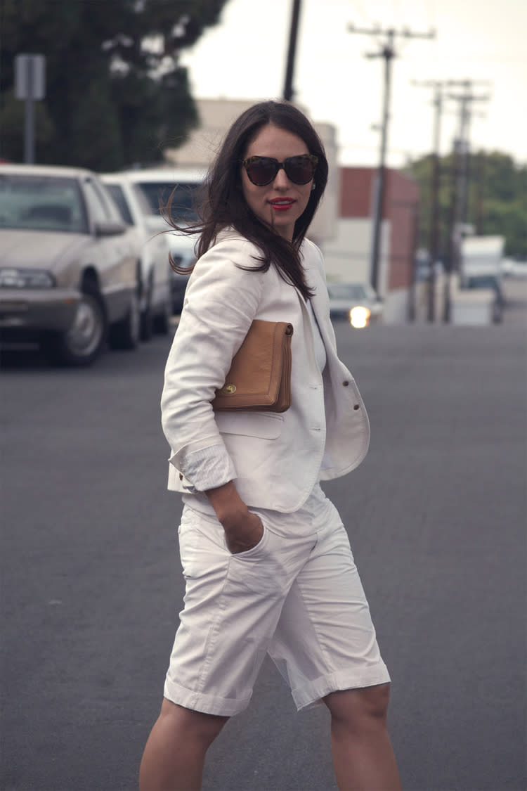 girl khaki blazer shorts sunglasses