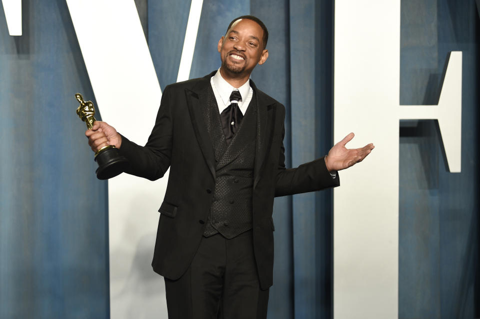 Will Smith arrives at the Vanity Fair Oscar Party on Sunday, March 27, 2022, at the Wallis Annenberg Center for the Performing Arts in Beverly Hills, Calif. (Photo by Evan Agostini/Invision/AP)
