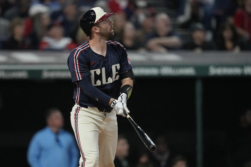Cleveland Guardians' David Fry watches his three-run home run against the Washington Nationals during the seventh inning of a baseball game Friday, May 31, 2024, in Cleveland. (AP Photo/Sue Ogrocki)