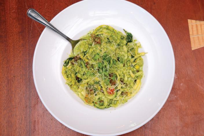 The Farehouse pasta primavera with pesto, blackened chicken and zucchini zoodles. 
