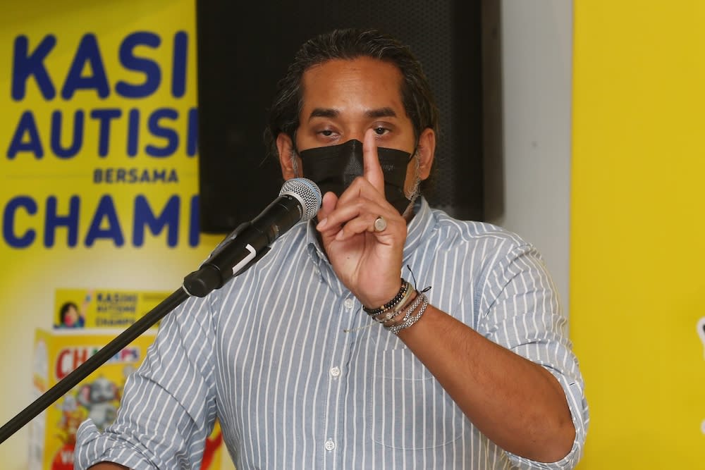 Khairy Jamaluddin speaks to the media after the launch of  CHAMPS®-NASOM Autism Awareness campaign in Subang April 9, 2021. — Picture by Choo Choy May