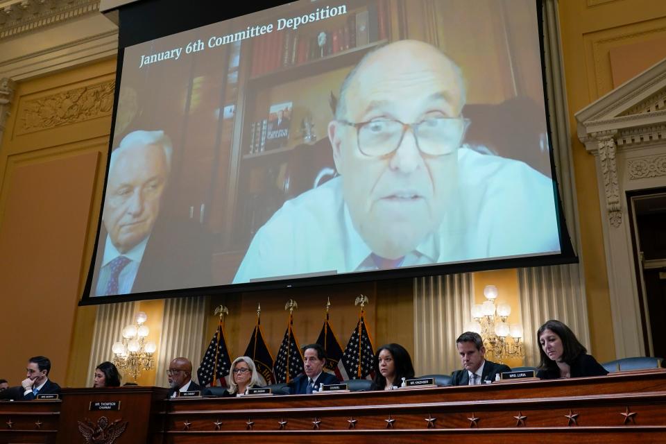 A video deposition from Rudy Giuliani is shown as the House select committee investigating the Jan. 6 attack on the U.S. Capitol holds a hearing at the Capitol in Washington, Tuesday, July 12, 2022.