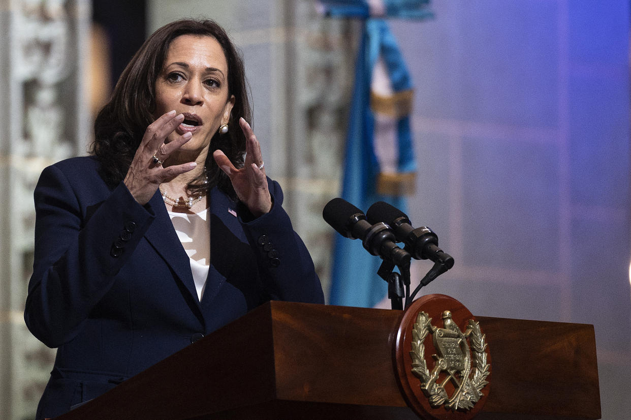 US Vice President Kamala Harris speaks during a press conference with Guatemalan President Alejandro Giammattei at the Palacio Nacional de la Cultura in Guatemala City on June 7, 2021. (Jim Watson/AFP via Getty Images)