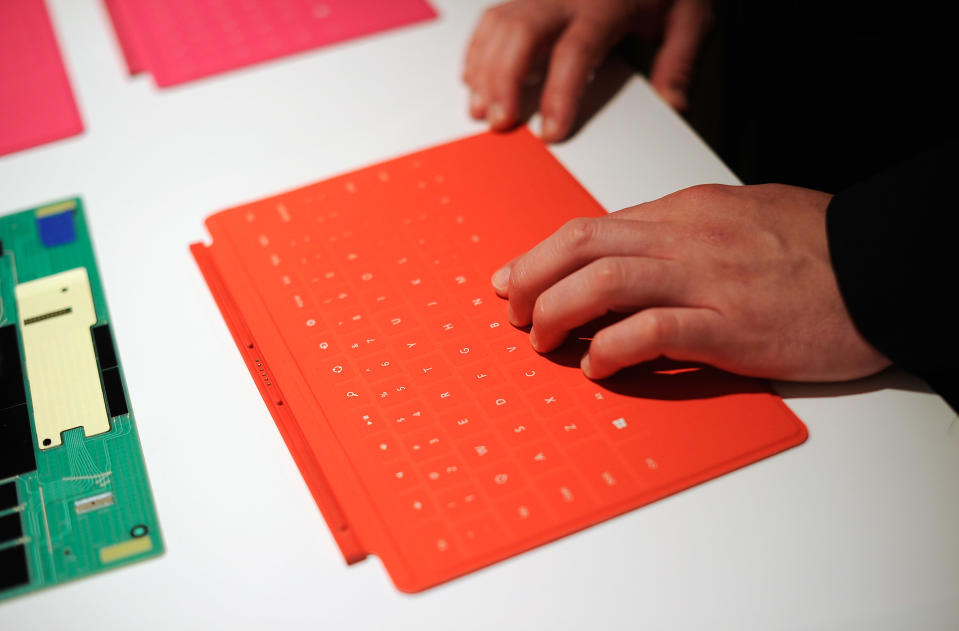 LOS ANGELES, CA - JUNE 18: The Microsoft tablet Surface touch cover is unveiled during a news conference at Milk Studios on June 18, 2012 in Los Angeles, California. The new Surface tablet utilizes a 10.6 inch screen with a cover that contains a full multitouch keyboard. (Photo by Kevork Djansezian/Getty Images)