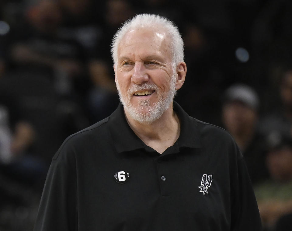 FILE - San Antonio Spurs head coach Gregg Popovich watches the action during the first half of an NBA basketball game against the Denver Nuggets, Nov. 7, 2022, in San Antonio. Popovich was announced Friday, Feb. 17, 2023, as being among the finalists for enshrinement later this year by the Basketball Hall of Fame. The class will be revealed on April 1. (AP Photo/Darren Abate, File)