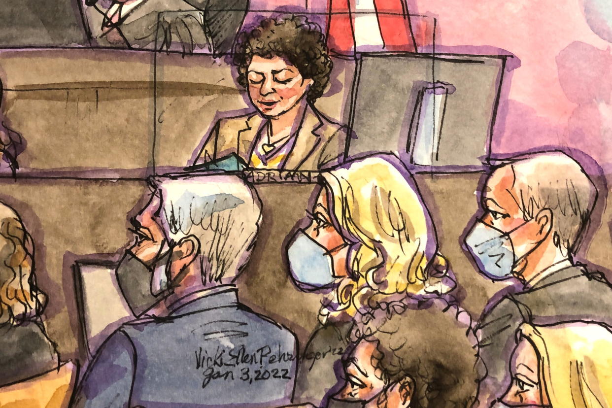 Theranos founder Elizabeth Holmes listens as the court clerk reads before Judge Edward Davila that she was found guilty on four of 11 counts in her fraud trial in San Jose, California, January 3, 2022 in this courtroom sketch. REUTERS/Vicki Behringer