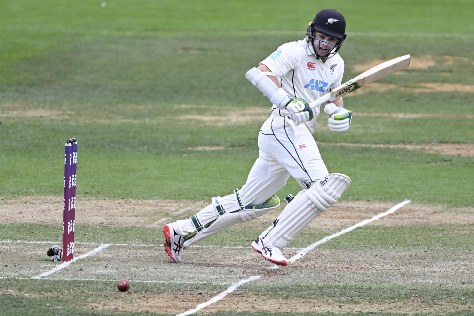 Tom Latham of New Zealand bats on day three of the second cricket test between England and New Zealand at the Basin Reserve in Wellington, New Zealand, Sunday, Feb. 26, 2023. (Andrew Cornaga/Photosport via AP)