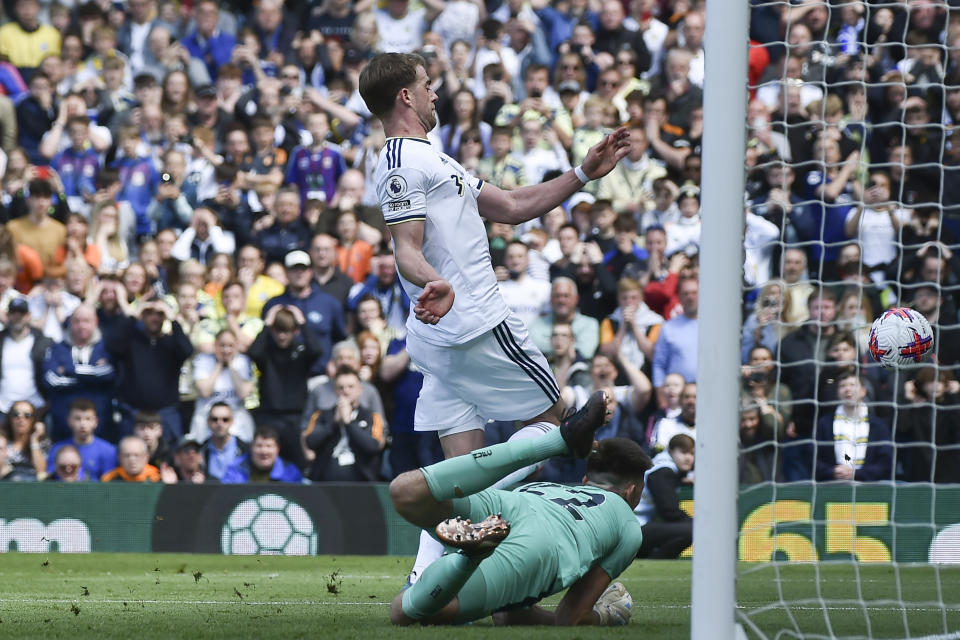 Newcastle's goalkeeper Nick Pope saves a penalty shot by Leeds United's Patrick Bamford during the English Premier League soccer match between Leeds United and Newcastle United at Elland Road in Leeds, England, Saturday, May 13, 2023. (AP Photo/Rui Vieira)