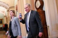 Senate Minority Leader Schumer walks toward the Senate chamber after a break in the impeachment trial of President Trump