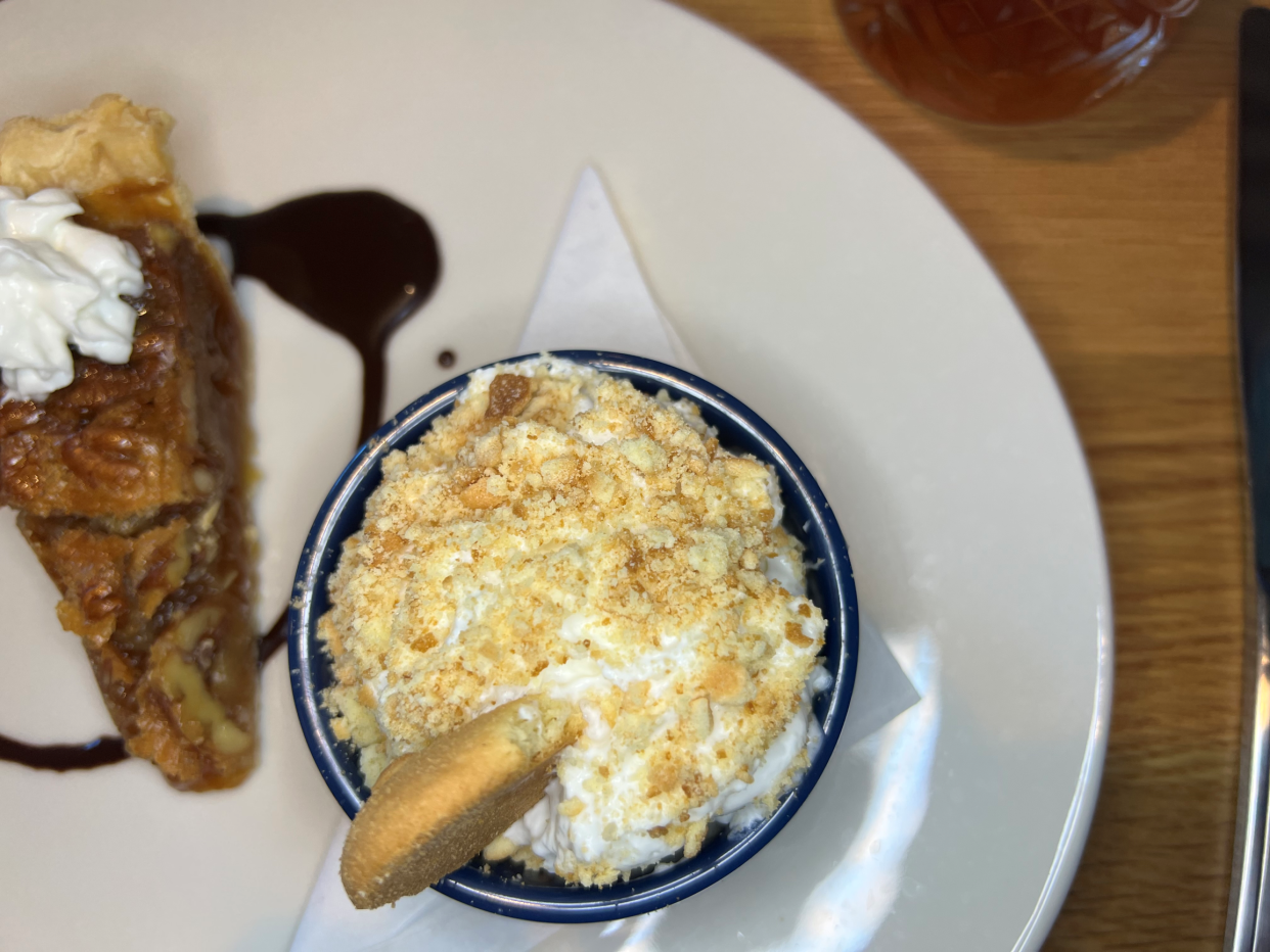 From left: brown butter pecan pie and heavenly banana pudding at Tupelo Honey, the new Southern restaurant in downtown Des Moines.