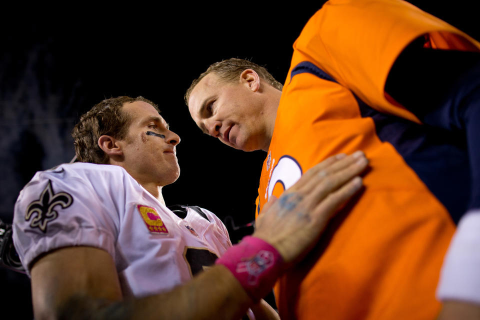 Drew Brees is 201 yards short of breaking Peyton Manning's record as the all-time NFL leader in passing yards. (Getty Images) 