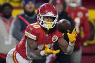 Kansas City Chiefs running back Isiah Pacheco (10) makes the catch against the Jacksonville Jaguars during the second half of an NFL divisional round playoff football game, Saturday, Jan. 21, 2023, in Kansas City, Mo. (AP Photo/Charlie Riedel)