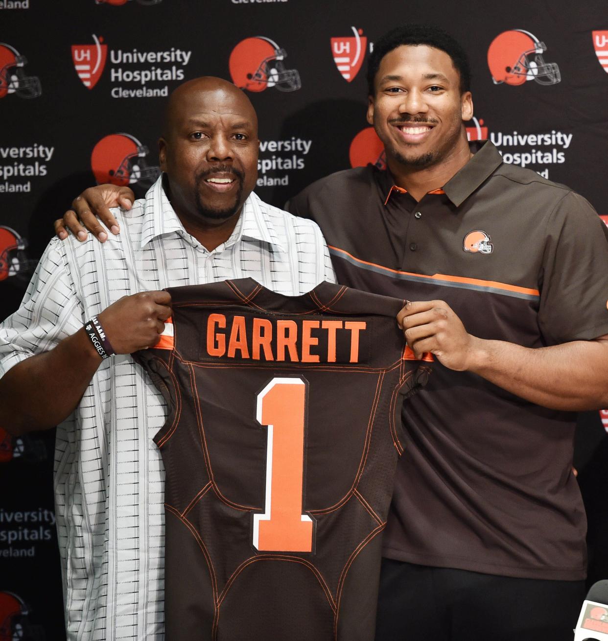 Cleveland Browns first-round pick defensive lineman Myles Garrett and his father Lawrence.