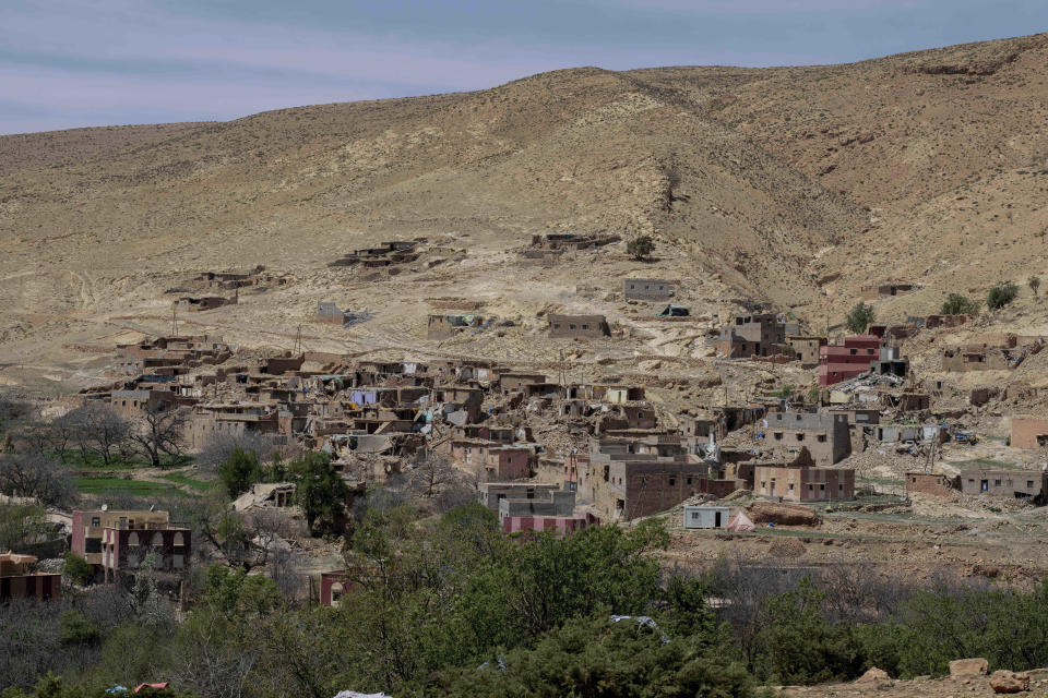 A view of homes which were destroyed by the earthquake in Atlas mountain village of Anerni, near Marrakech, Thursday, April 4, 2024. (AP Photo)