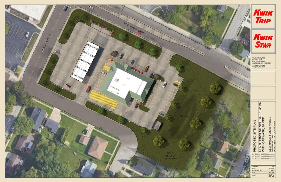 Kwik Trip's original plans for a new convenience store in the 1000 block of West Mason Street included three entrances. The plans were modified to eliminate the entrance on Gross Court in response to neighbors' concerns.