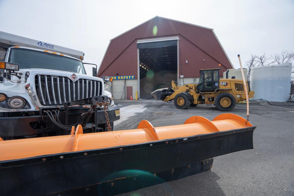 Bergen County snowplows are filled with salt as preparations begin for the snow storm expected overnight at the Bergen County Annex in Paramus, NJ on Monday Feb. 12, 2024.