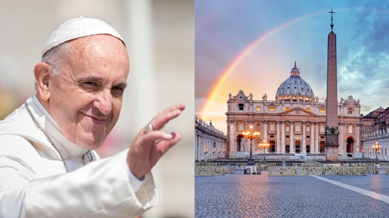 Pope Francis (L); rainbow over Vatican City (R)