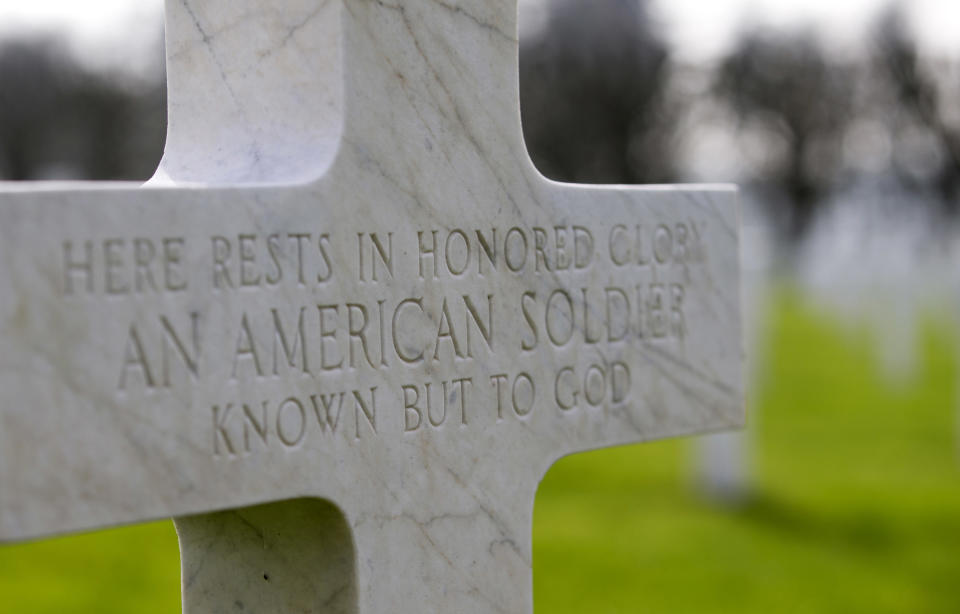 FILE - In this March 24, 2017 file photo, a gravestone marker for an unknown American soldier sits in the rows crosses at the Meuse-Argonne American cemetery in Romagne-sous-Montfaucon, France. It was America's largest and deadliest battle ever, with 26,000 U.S. soldiers killed and tens of thousands wounded. A hundred years ago, the Meuse-Argonne offensive contributed to bring an end to of World War One. (AP Photo/Virginia Mayo, File)