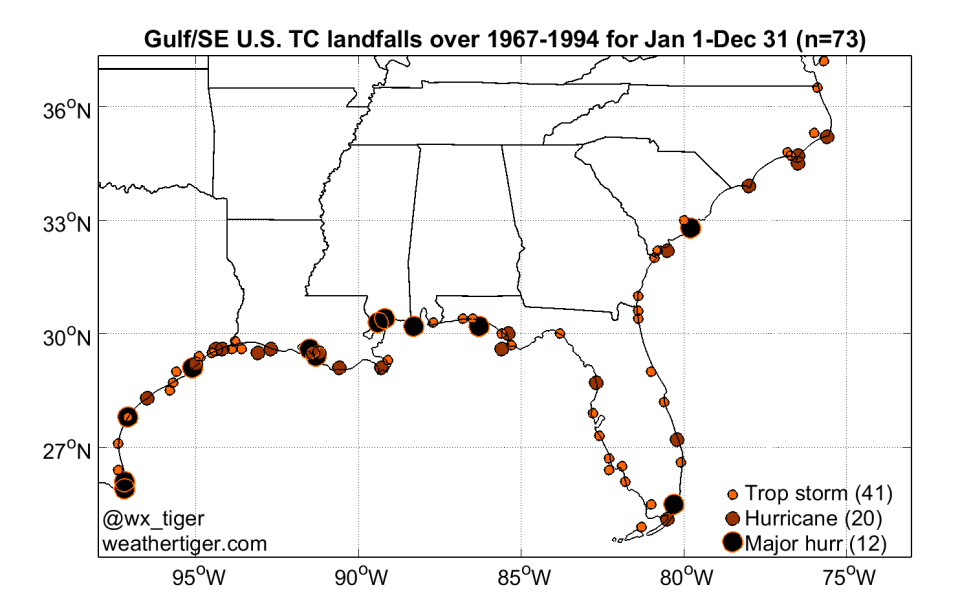 Tropical cyclone landfalls between 1967 and 1994.