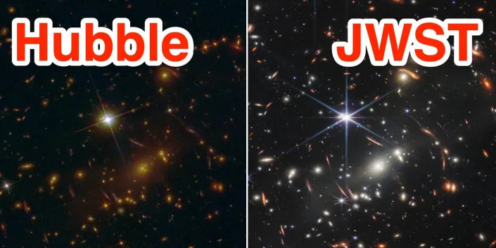 Side-by-side images show the first picture released from the James Webb telescope, next to the equivalent picture taken by Hubble.