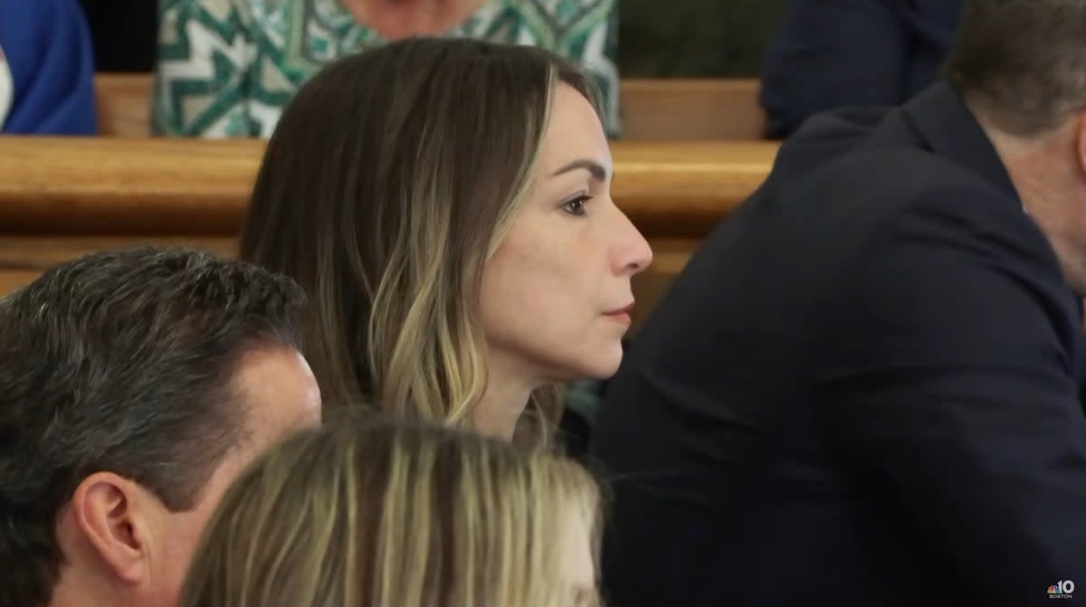 Karen Read in court on Monday 29 April 2024. She is accused of murdering her boyfriend John O’Keefe during a snowstorm in January 2022 (NBC News 10 Boston/YouTube)